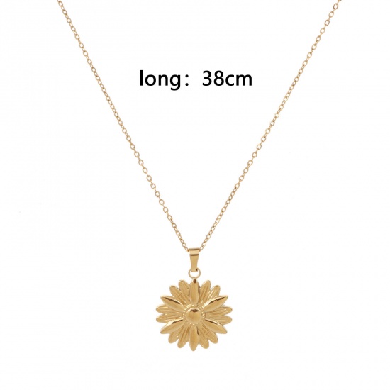 Picture of Eco-friendly Vacuum Plating Simple & Casual Stylish 18K Gold Color 304 Stainless Steel Link Cable Chain Sunflower Pendant Necklace Unisex 38cm(15") long, 1 Piece