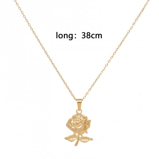 Picture of Eco-friendly Vacuum Plating Simple & Casual Stylish 18K Gold Plated 304 Stainless Steel Link Cable Chain Rose Flower Pendant Necklace Unisex 38cm(15") long, 1 Piece