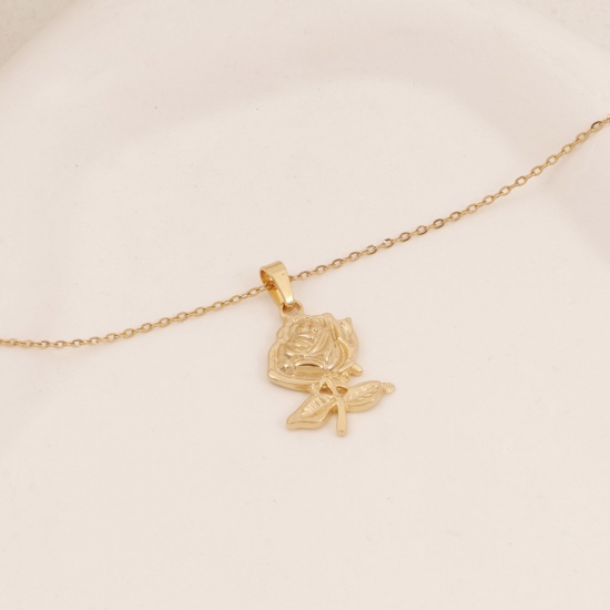 Picture of Eco-friendly Vacuum Plating Simple & Casual Stylish 18K Gold Plated 304 Stainless Steel Link Cable Chain Rose Flower Pendant Necklace Unisex 38cm(15") long, 1 Piece