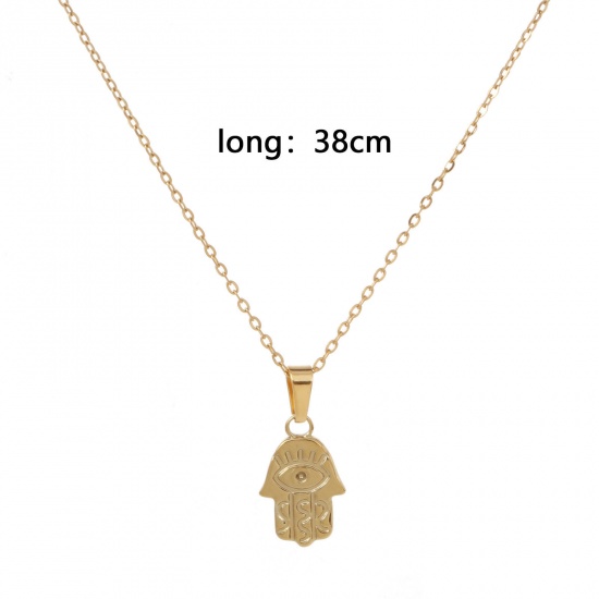 Picture of Eco-friendly Vacuum Plating Simple & Casual Religious 18K Gold Color 304 Stainless Steel Link Cable Chain Hamsa Symbol Hand Pendant Necklace Unisex 38cm(15") long, 1 Piece