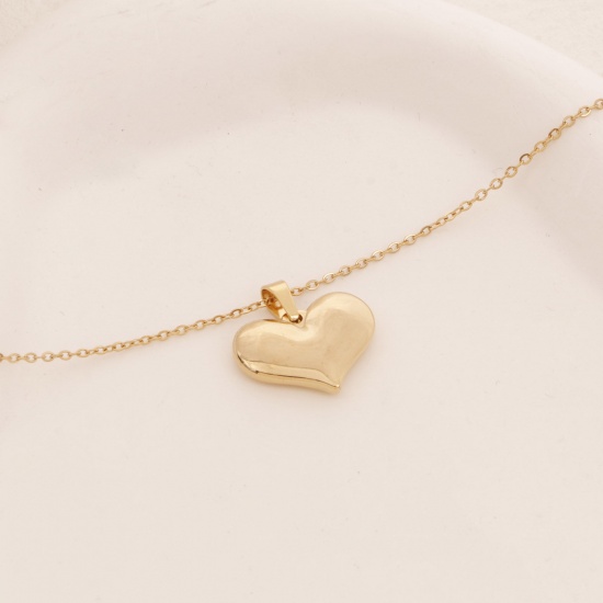 Picture of 1 Piece Vacuum Plating Simple & Casual Stylish 18K Gold Color 304 Stainless Steel Link Cable Chain Heart Pendant Necklace Unisex 38cm(15") long