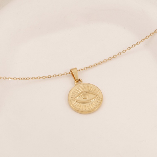 Picture of Eco-friendly Vacuum Plating Simple & Casual Religious 18K Gold Color 304 Stainless Steel Link Cable Chain Round Eye Pendant Necklace Unisex 38cm(15") long, 1 Piece