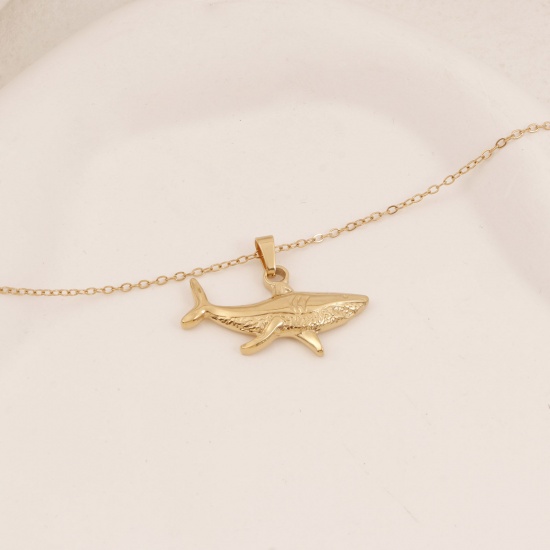 Picture of Eco-friendly Vacuum Plating Simple & Casual Ocean Jewelry 18K Gold Color 304 Stainless Steel Link Cable Chain Shark Animal Pendant Necklace Unisex 38cm(15") long, 1 Piece