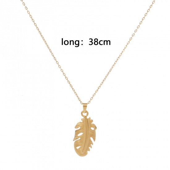 Picture of Eco-friendly Vacuum Plating Simple & Casual Stylish 18K Gold Plated 304 Stainless Steel Link Cable Chain Feather Pendant Necklace Unisex 38cm(15") long, 1 Piece