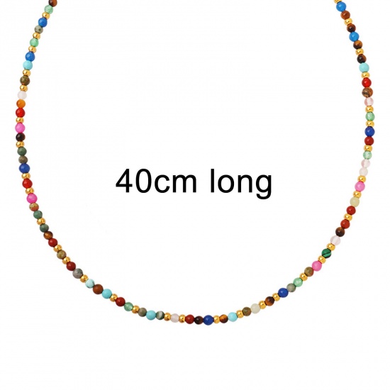 Picture of Eco-friendly Simple & Casual Boho Chic Bohemia Multicolor 304 Stainless Steel & Stone Ball Chain Beaded Necklace For Women 40cm(15 6/8") long, 1 Piece