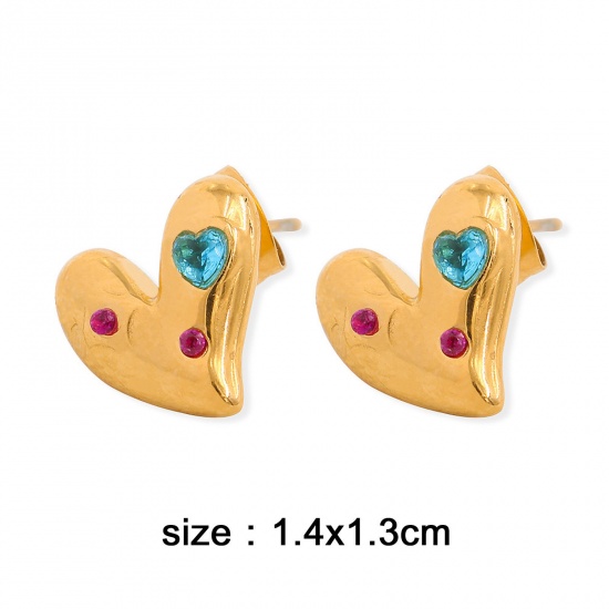 Picture of Eco-friendly Vacuum Plating Retro Stylish 18K Gold Plated 304 Stainless Steel & Cubic Zirconia Heart Ear Post Stud Earrings For Women Anniversary 1.4cm x 1.3cm, 1 Pair