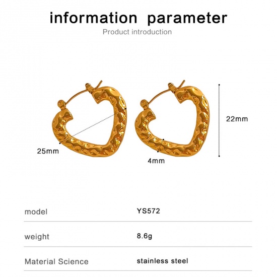 Immagine di Placcatura Sottovuoto Ecologica Semplice & Casual Retrò Placcato Oro 18K 304 Acciaio Inossidabile Cuore Orecchini Circolari Per Donne Festa 2.5cm x 2.2cm, 1 Paio