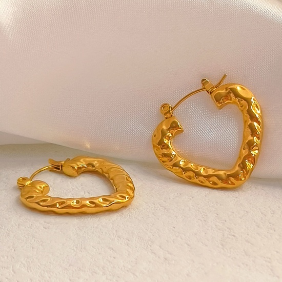 Immagine di Placcatura Sottovuoto Ecologica Semplice & Casual Retrò Placcato Oro 18K 304 Acciaio Inossidabile Cuore Orecchini Circolari Per Donne Festa 2.5cm x 2.2cm, 1 Paio