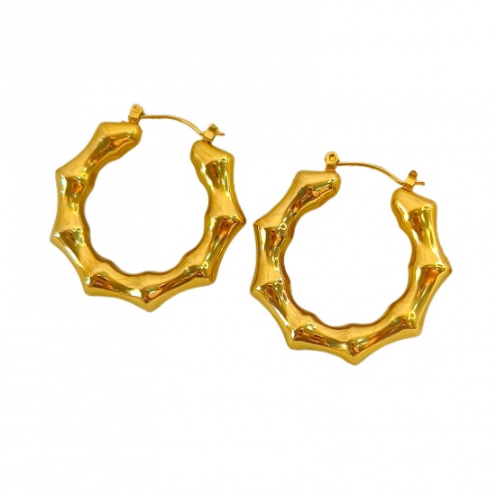 Immagine di Placcatura Sottovuoto Ecologica Semplice & Casual Retrò Placcato Oro 18K 304 Acciaio Inossidabile Forma di Bambù Orecchini Circolari Per Donne Festa 3.4cm x 3.2cm, 1 Paio