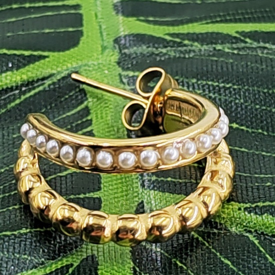 Immagine di Placcatura Sottovuoto Ecologica Elegante Elegante Placcato Oro 18K Acciaio Inossidabile & Perla forma di C Orecchini Circolari Per Donne Festa 21mm Dia., 1 Paio