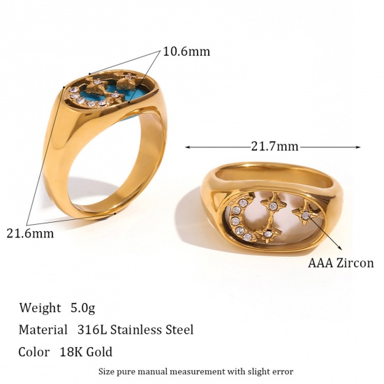 Picture of Eco-friendly Vacuum Plating Exquisite Galaxy 18K Real Gold Plated 316 Stainless Steel Unadjustable Oval Moon Rings For Women Anniversary 16.5mm(US Size 6), 1 Piece