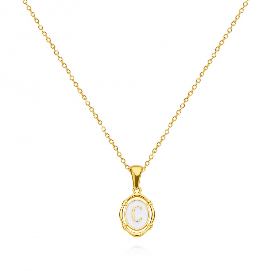 Picture of Eco-friendly Stylish Simple 18K Gold Plated Brass Link Cable Chain Oval Initial Alphabet/ Capital Letter Message " C " Pendant Necklace For Women Anniversary 38cm(15") long, 1 Piece