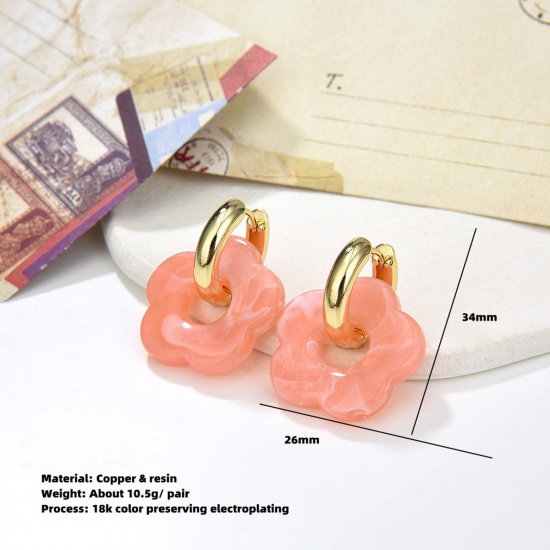 Image de 1 Paire Hypoallergénique Sucré & Mignon Boucles d'Oreilles Élégant en Laiton & Résine Fleur Plaqué Or 18K Vin Rouge Fête Pour Femmes 3.4cm x 2.6cm