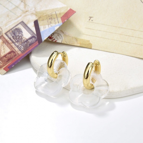 Image de 1 Paire Hypoallergénique Sucré & Mignon Boucles d'Oreilles Élégant en Laiton & Résine Fleur Plaqué Or 18K Transparent Fête Pour Femmes 3.4cm x 2.6cm