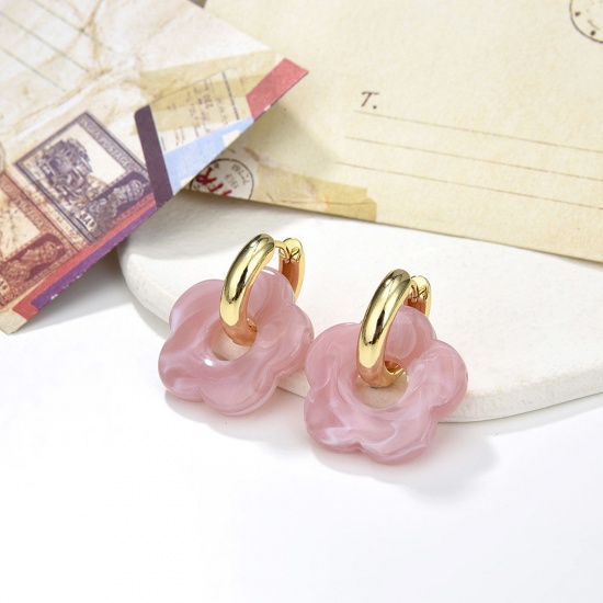 Image de 1 Paire Hypoallergénique Sucré & Mignon Boucles d'Oreilles Élégant en Laiton & Résine Fleur Plaqué Or 18K Mauve Fête Pour Femmes 3.4cm x 2.6cm