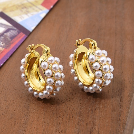 Picture of 1 Pair Hypoallergenic Retro Elegant 18K Gold Plated Brass Imitation Pearl Hoop Earrings For Women Anniversary 1cm x 1cm