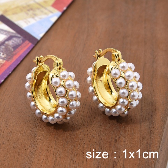 Picture of 1 Pair Hypoallergenic Retro Elegant 18K Gold Plated Brass Imitation Pearl Hoop Earrings For Women Anniversary 1cm x 1cm