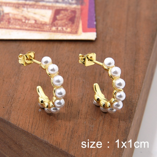 Picture of 1 Pair Hypoallergenic Retro Elegant 18K Gold Plated Brass C Shaped Imitation Pearl Hoop Earrings For Women Anniversary 1cm x 1cm