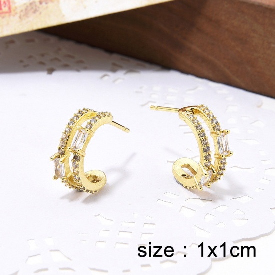 Picture of 1 Pair Hypoallergenic Retro Elegant 18K Gold Plated Brass & Cubic Zirconia C Shaped Hoop Earrings For Women Anniversary 1cm x 1cm