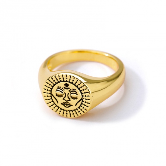Picture of Eco-friendly Ethnic Style Retro 18K Gold Plated Brass Unadjustable Round Sun Face Rings Unisex 18.1mm(US Size 8), 1 Piece