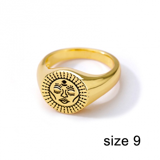 Picture of Eco-friendly Ethnic Style Retro 18K Gold Plated Brass Unadjustable Round Sun Face Rings Unisex 18.9mm(US Size 9), 1 Piece