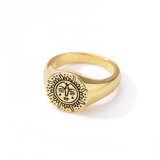 Picture of Eco-friendly Ethnic Style Retro 18K Gold Plated Brass Unadjustable Round Sun Face Rings Unisex 17.3mm(US Size 7), 1 Piece
