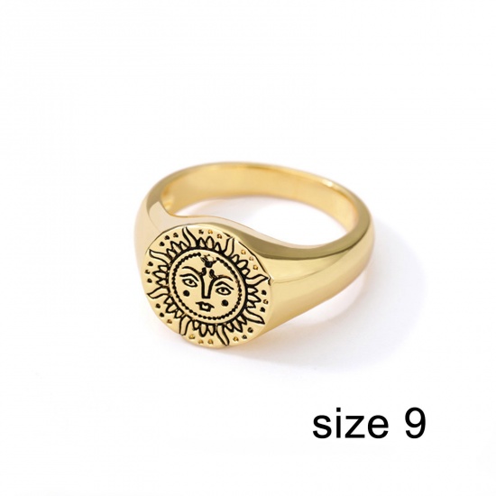 Picture of Eco-friendly Ethnic Style Retro 18K Gold Plated Brass Unadjustable Round Sun Face Rings Unisex 18.9mm(US Size 9), 1 Piece