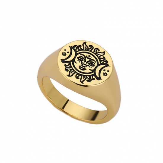Picture of Eco-friendly Ethnic Style Retro 18K Gold Plated Brass Unadjustable Round Sun And Moon Face Rings Unisex 17.3mm(US Size 7), 1 Piece