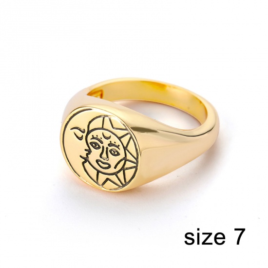 Picture of Eco-friendly Ethnic Style Retro 18K Gold Plated Brass Unadjustable Round Sun And Moon Face Rings Unisex 17.3mm(US Size 7), 1 Piece