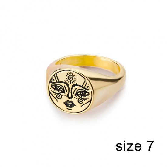 Picture of Eco-friendly Ethnic Style Retro 18K Gold Plated Brass Unadjustable Round Sun Face Rings Unisex 17.3mm(US Size 7), 1 Piece
