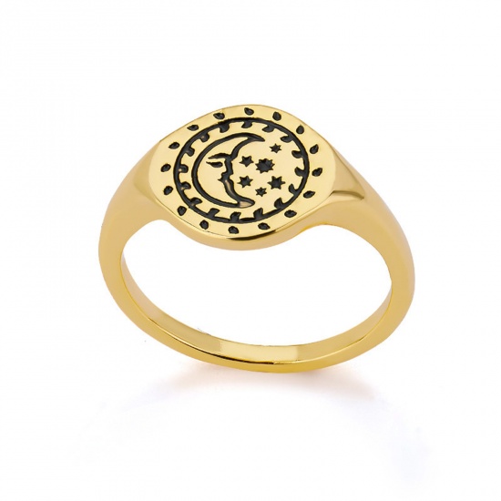 Picture of Eco-friendly Ethnic Style Retro 18K Gold Plated Brass Unadjustable Round Moon Face Rings Unisex 17.3mm(US Size 7), 1 Piece