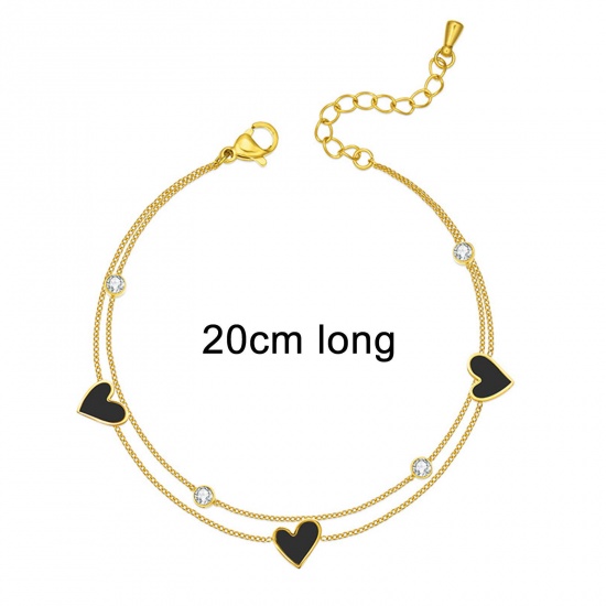Picture of 1 Piece Vacuum Plating Exquisite Ins Style 18K Gold Color 304 Stainless Steel & Cubic Zirconia Link Chain Heart Multilayer Layered Anklet For Women Party 20cm(7 7/8") long