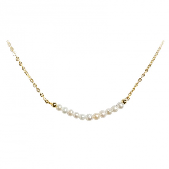 Picture of Eco-friendly Dainty Simple 14K Real Gold Plated Pearl & Brass Rolo Chain Pendant Necklace For Women Party 47cm(18 4/8") long, 1 Piece