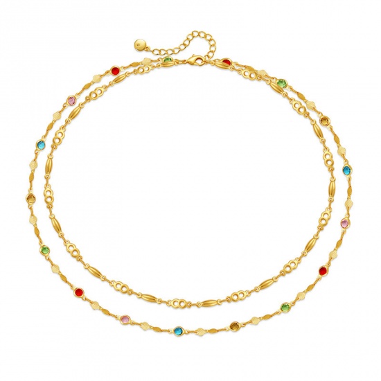 Immagine di Placcatura Sottovuoto Ecologica Elegante Pietre Nascita 18K Oro riempito Ottone & Zircone Cubico Catena Multistrato Collana Per Donne Festa 38cm-43cm Lunghezza, 1 Pz