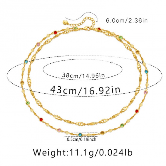 Picture of Eco-friendly Vacuum Plating Stylish Birthstone 18K Real Gold Plated Brass & Cubic Zirconia Link Chain Multilayer Layered Necklace For Women Party 38cm - 43cm long, 1 Piece