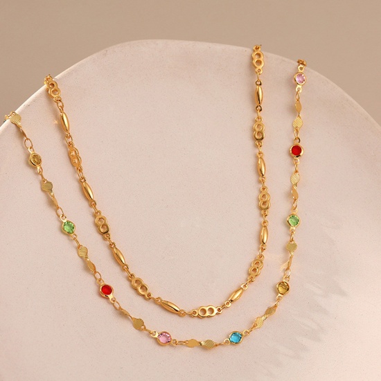 Picture of Eco-friendly Vacuum Plating Stylish Birthstone 18K Real Gold Plated Brass & Cubic Zirconia Link Chain Multilayer Layered Necklace For Women Party 38cm - 43cm long, 1 Piece