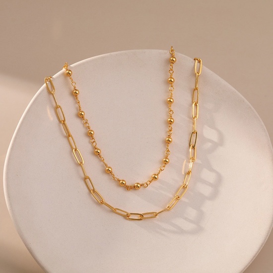 Picture of Eco-friendly Vacuum Plating Stylish Simple 18K Real Gold Plated Brass Paperclip Chain Multilayer Layered Necklace For Women Party 38cm - 43cm long, 1 Piece