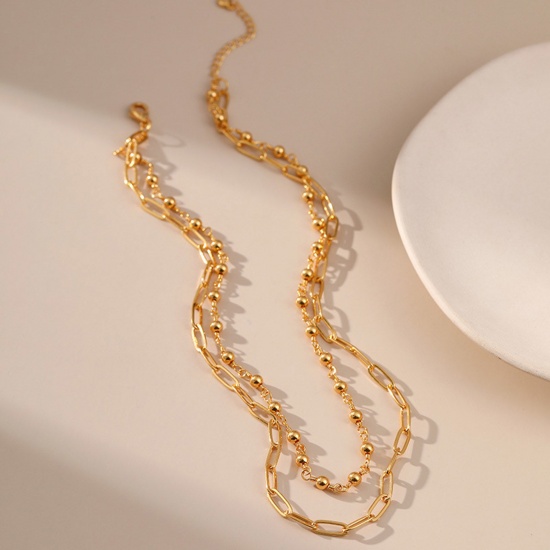 Picture of Eco-friendly Vacuum Plating Stylish Simple 18K Real Gold Plated Brass Paperclip Chain Multilayer Layered Necklace For Women Party 38cm - 43cm long, 1 Piece