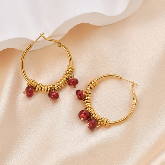 Picture of Hypoallergenic Natural Pastoral Boho Chic Bohemia 14K Gold Plated Red 304 Stainless Steel & Lampwork Glass Flower Hoop Earrings For Women Party 3cm x 3cm, 1 Pair