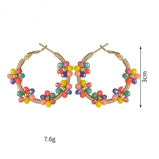 Picture of Hypoallergenic Natural Pastoral Boho Chic Bohemia 14K Gold Plated Red 304 Stainless Steel & Lampwork Glass Flower Hoop Earrings For Women Party 3cm x 3cm, 1 Pair