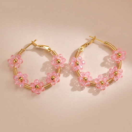 Picture of Hypoallergenic Natural Pastoral Boho Chic Bohemia 14K Gold Plated Pink 304 Stainless Steel & Lampwork Glass Flower Hoop Earrings For Women Party 3cm x 3cm, 1 Pair