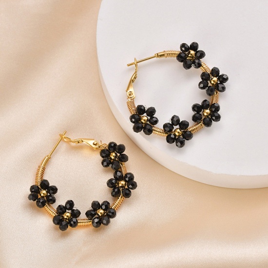 Picture of Hypoallergenic Natural Pastoral Boho Chic Bohemia 14K Gold Plated Black 304 Stainless Steel & Lampwork Glass Flower Hoop Earrings For Women Party 3cm x 3cm, 1 Pair