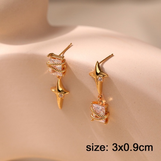 Picture of Hypoallergenic Exquisite Stylish 18K Real Gold Plated Brass & Cubic Zirconia Star Asymmetric Earrings For Women Party 3cm x 0.9cm, 1 Pair