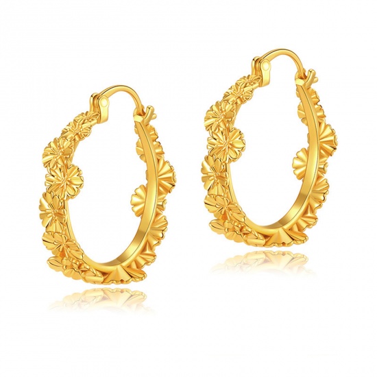 Picture of Hypoallergenic Simple & Casual Retro 18K Real Gold Plated Brass Flower Hoop Earrings For Women Party 3.3cm Dia., 1 Pair