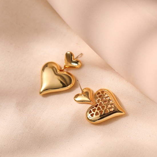 Picture of Hypoallergenic Stylish Retro 18K Real Gold Plated Brass Heart Earrings For Women Valentine's Day 3.5cm x 2.4cm, 1 Pair