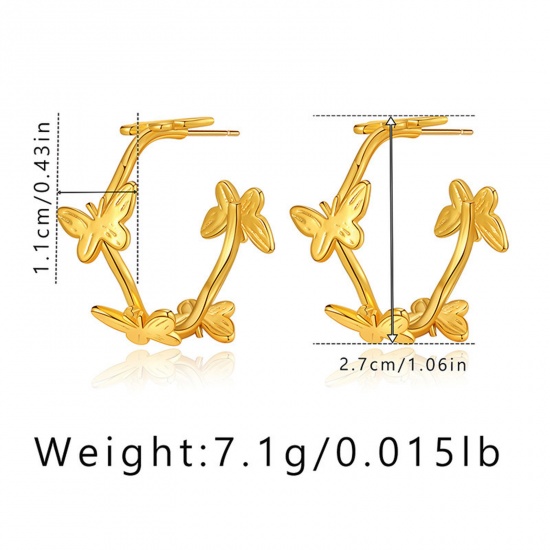 Picture of Hypoallergenic Simple & Casual Stylish 18K Real Gold Plated Brass Butterfly Animal Hoop Earrings For Women Party 2.7cm x 1.1cm, 1 Pair