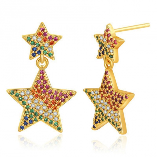 Picture of Hypoallergenic Exquisite Stylish 18K Real Gold Plated Brass & Cubic Zirconia Pentagram Star Earrings For Women Coming-of-age Gift 24mm x 13mm, 1 Pair