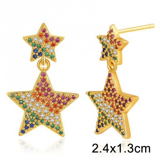 Picture of Hypoallergenic Exquisite Stylish 18K Real Gold Plated Brass & Cubic Zirconia Pentagram Star Earrings For Women Coming-of-age Gift 24mm x 13mm, 1 Pair