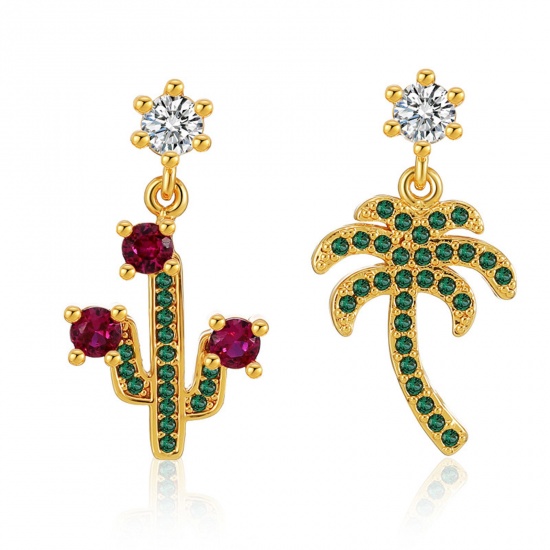 Picture of Hypoallergenic Exquisite Stylish 18K Real Gold Plated Brass & Cubic Zirconia Cactus Coconut Palm Tree Earrings For Women Coming-of-age Gift 2.2cm, 1 Pair