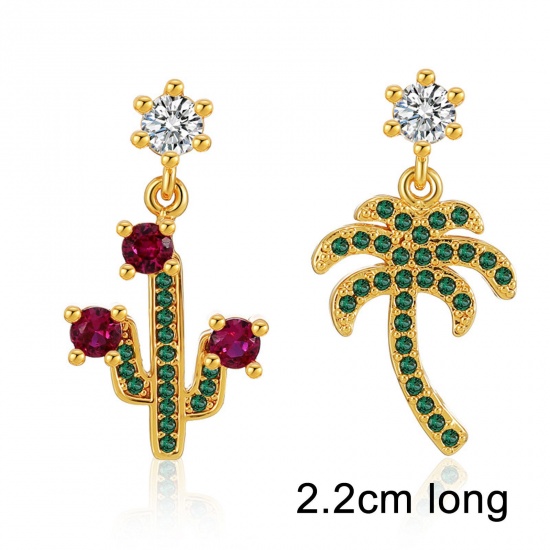 Picture of Hypoallergenic Exquisite Stylish 18K Real Gold Plated Brass & Cubic Zirconia Cactus Coconut Palm Tree Earrings For Women Coming-of-age Gift 2.2cm, 1 Pair